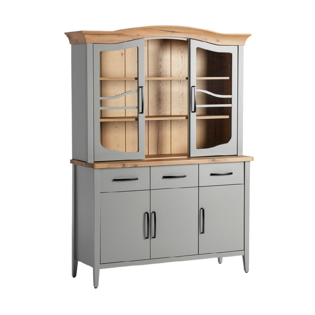 Modern Grey Cabinet with Wooden Top and Glass Doors